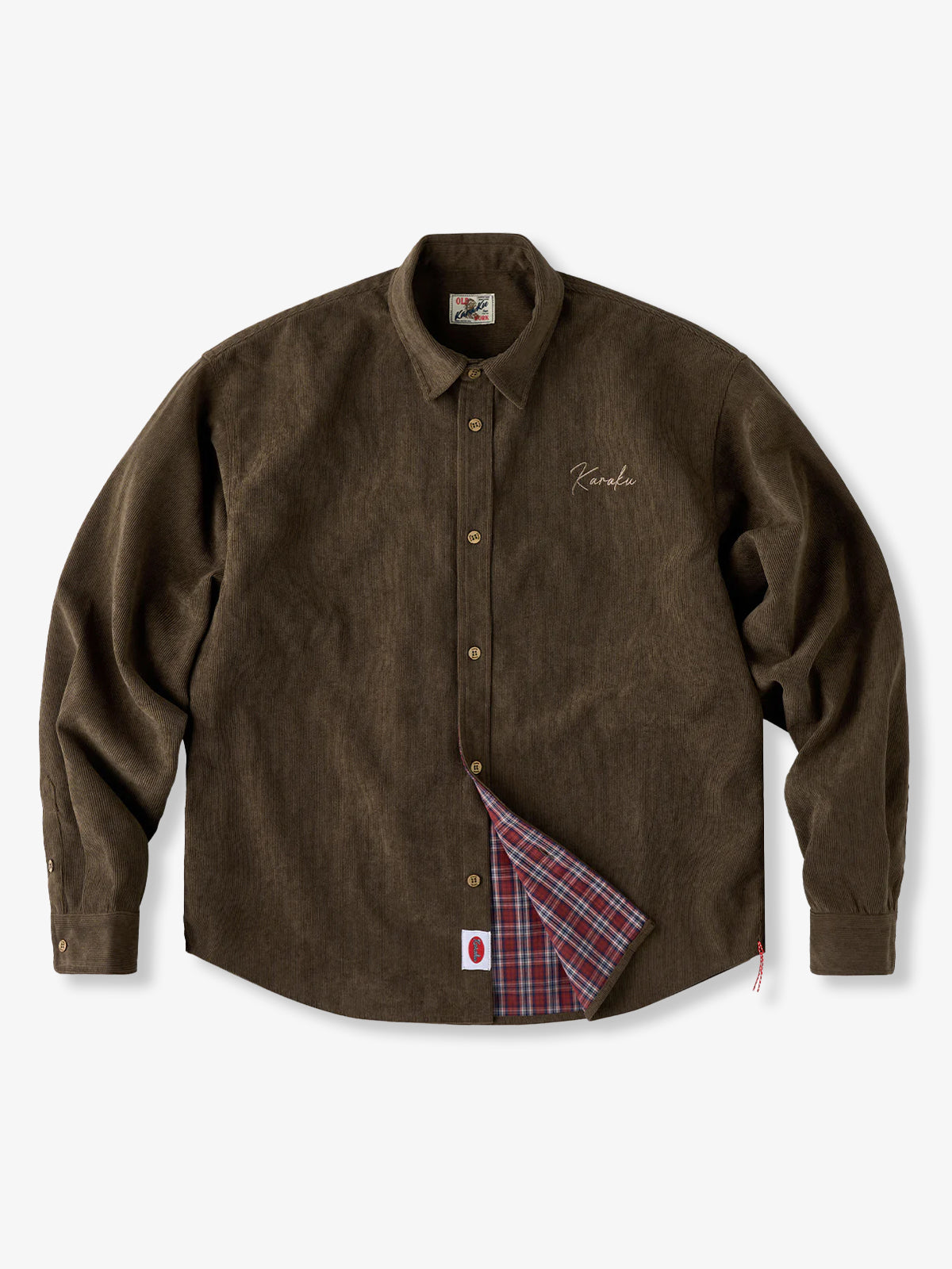 Fine-Wale Corduroy Shirt with Tartan Check Lining & Red Hem Drawcord