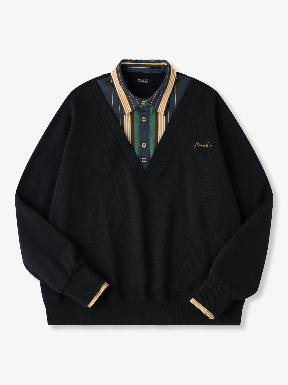 [Pre-order] Faux-Layered V-Neck Sweatshirt with Multi-Stripe Shirt Detail