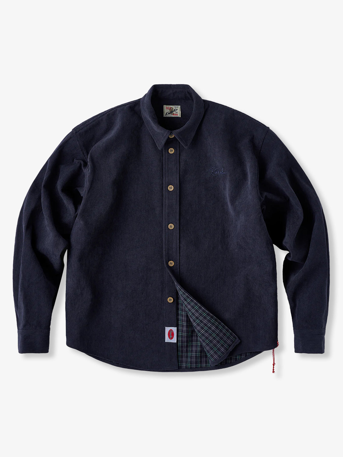 Fine-Wale Corduroy Shirt with Tartan Check Lining & Red Hem Drawcord