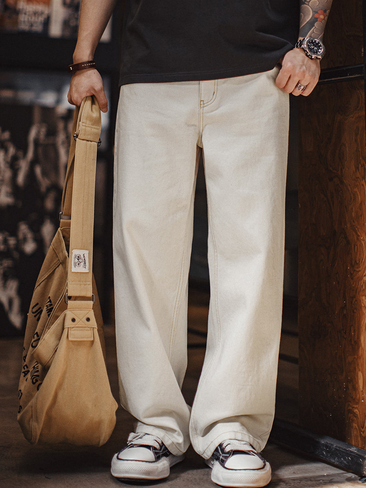 American Vintage White Denim Straight-Leg Clean Fit Wide-Leg Relaxed Pants  – Karaku